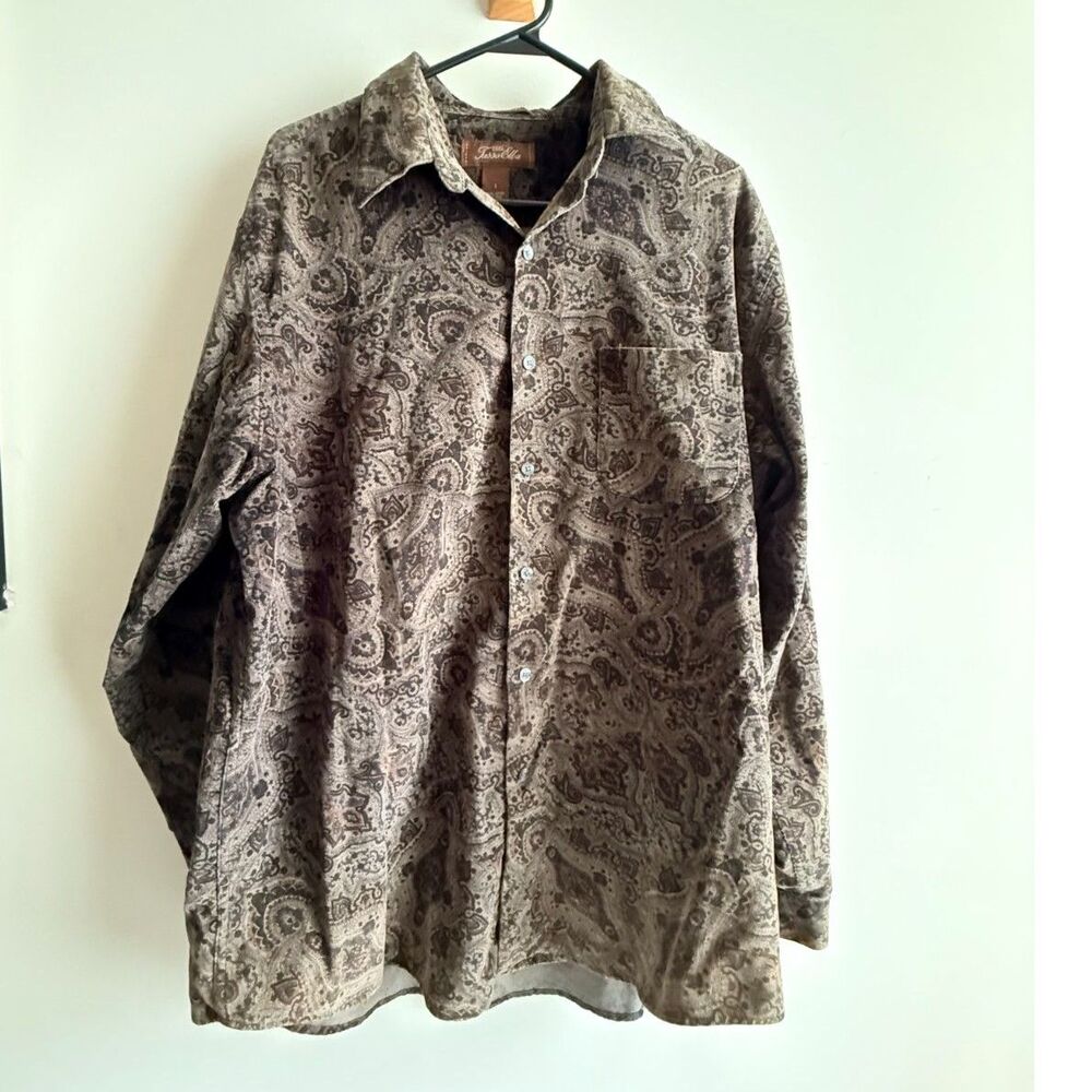 Vintage Tasso Elba Corduroy Brown Paisley Long-sleeve Button-up Shirt (Large)